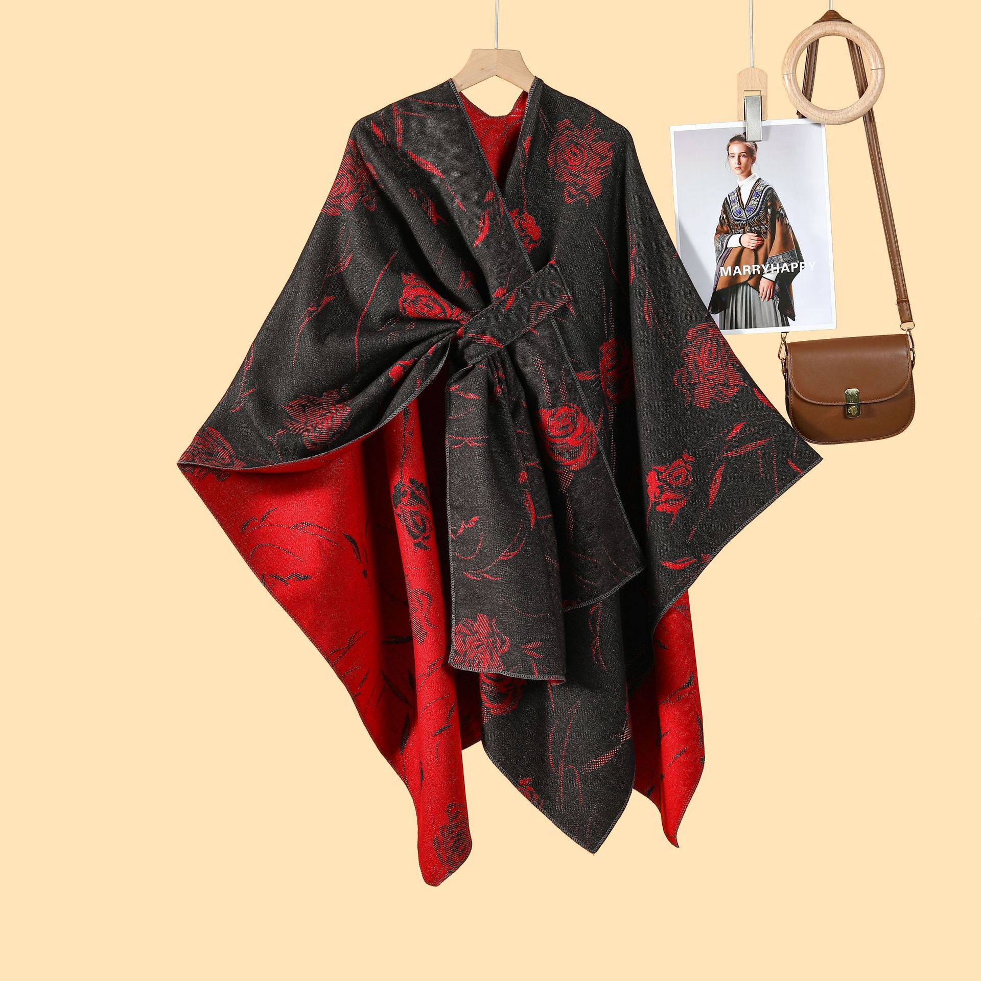 Womens French Romantic Rose Split Cape Multifunctional Side Tie Outerwear Warm Cardigan New