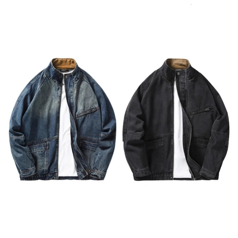 Retro Washed Stand Collar Denim Jacket Women Man n Driven Zip Up Workwear Top 251017