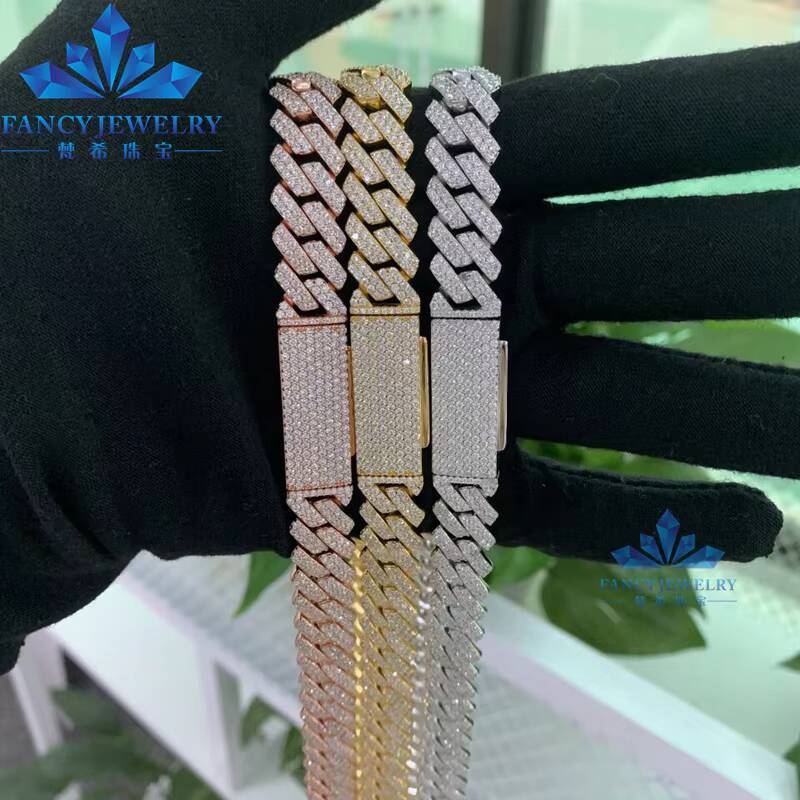 FancyJewelry 8mm 10mm 12mm Moissanite Diamond 925 Sterling Silver Pass Diamond Tester Cuban Bracelet Necklace Mens Cuban Chain