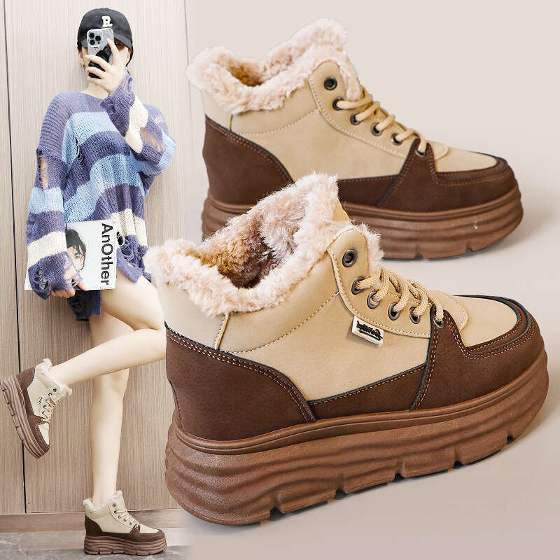 New Autumn Winter Casual Height Increasing Sneakers High Top Fleece Lined Warm Thick Sole Student Women's Shoes