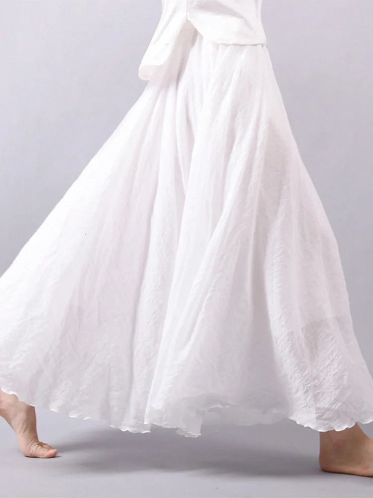 Womens Elegant High Waist Linen Maxi Skirt Summer Ladies Casual Elastic Waist 2 Layers Skirts saia feminina 251013