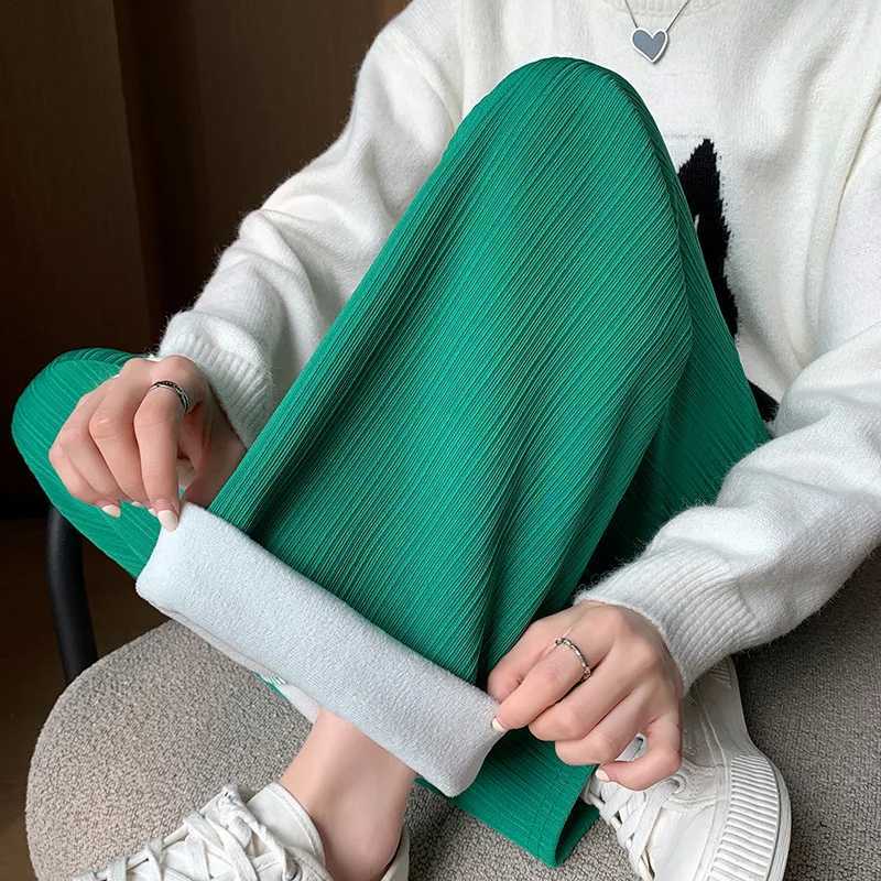 2025 Winter Fleece Lined Warm Pants Women Solid Color Wide Leg Pants Woman Comfortable Elastic High Waist Trousers FemaleT251025