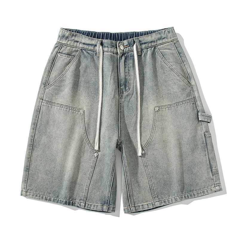 Summer New High Street Cargo Shorts Mens Vintage Jeans Washed Yellow Mud Dyed Casual Loose Straight Wide Denim ShortsXJ251025