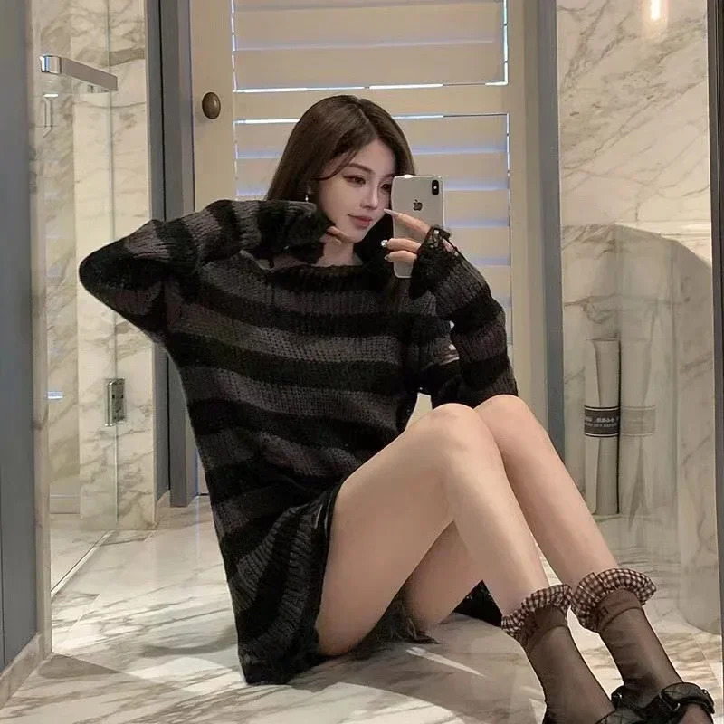 Autumn Punk Gothic Long Unisex Sweater Women Striped Cool Hollow Out Hole Broken Jumper Loose Rock Thin Dark Streetwear Top 251023