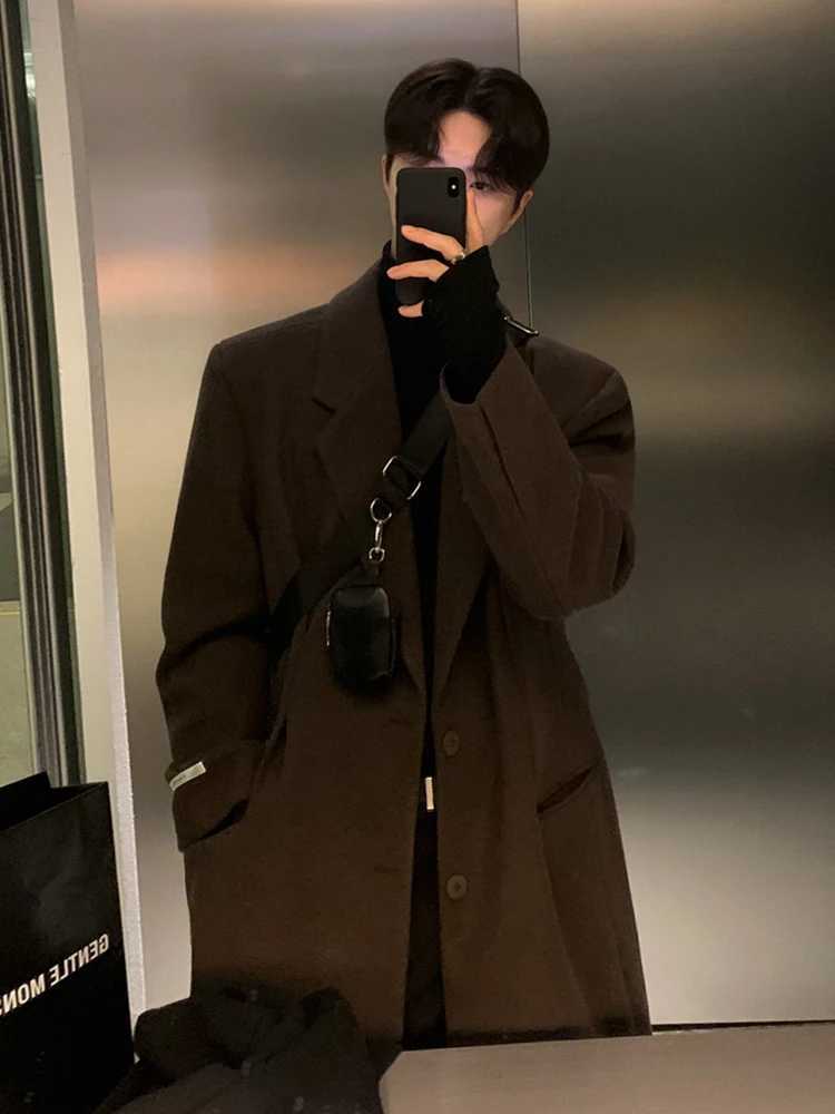 Korean Style Men Woolen Overcoat Turndown Collar Single Breasted Overknee Thickened Casual Male Trench 2024 WinterT251025