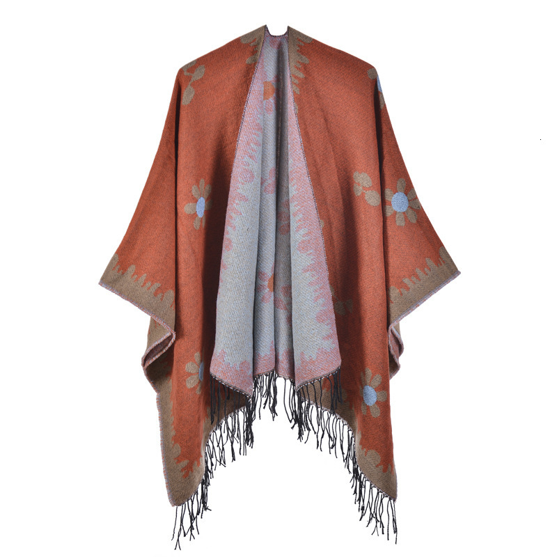 Korean Style Fashion Autumn Winter Shawl New Fresh Floral Knitted Cardigan with Tassels and Slit Warm Outer Cape