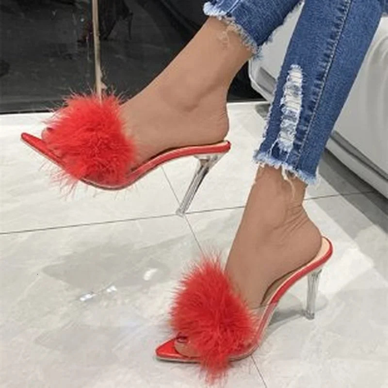 Summer Highheeled Plus Size Sandals and Slippers Women Fineheeled Suede Furry Pointed Toe Fashion Womens Shoes 251023