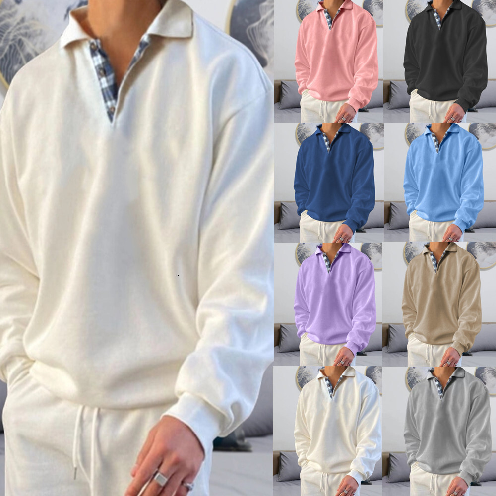 2025 Autumn Long Sleeve V-neck Turn-down Collar Loose Sweatshirt Men's Fashion