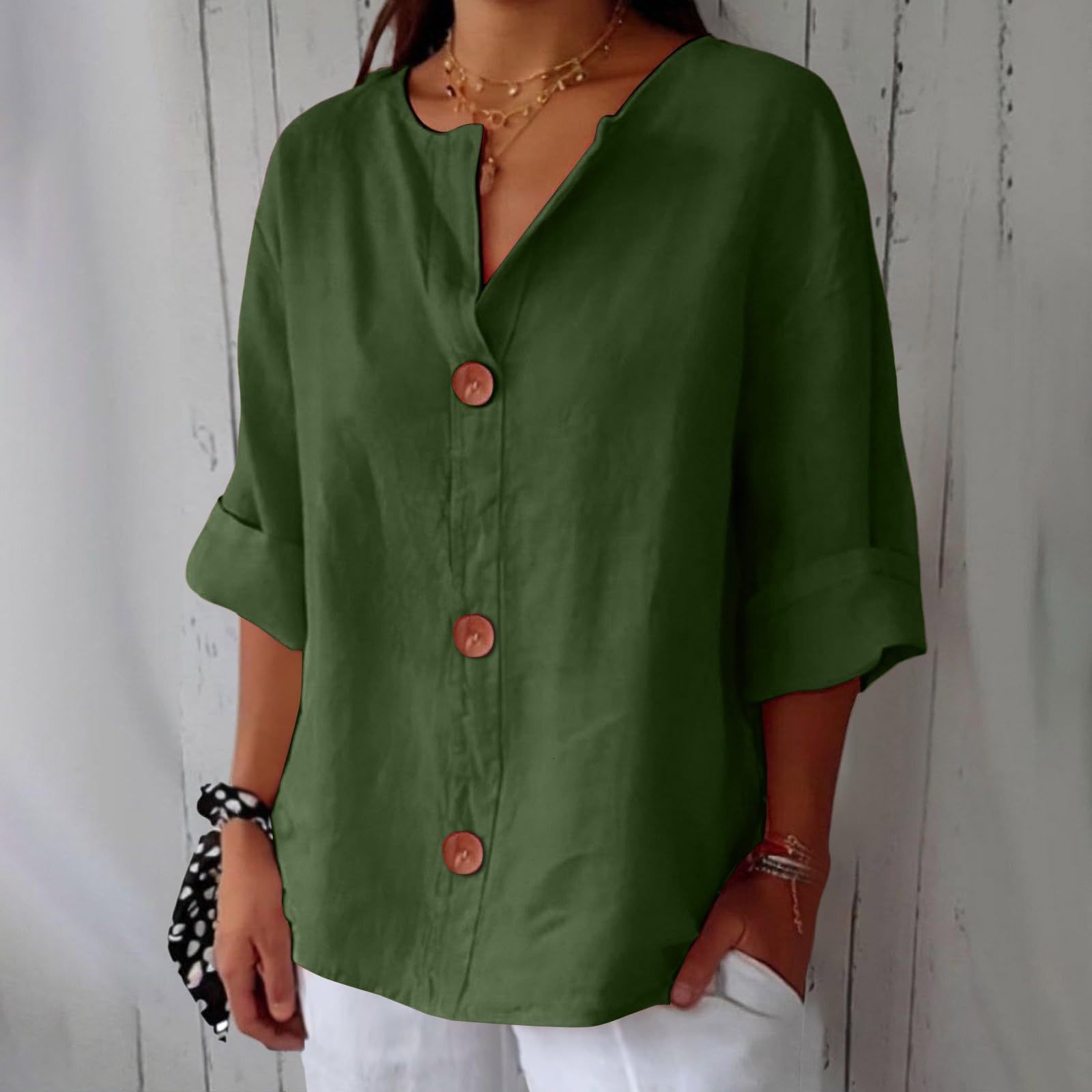 2025 Spring/Summer New Loose T-Shirt Women's V-Neck Cotton Linen Button Top