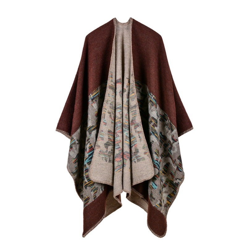 Womens Fashion Camouflage Imitation Cashmere Split Long Thickened Shawl Cape