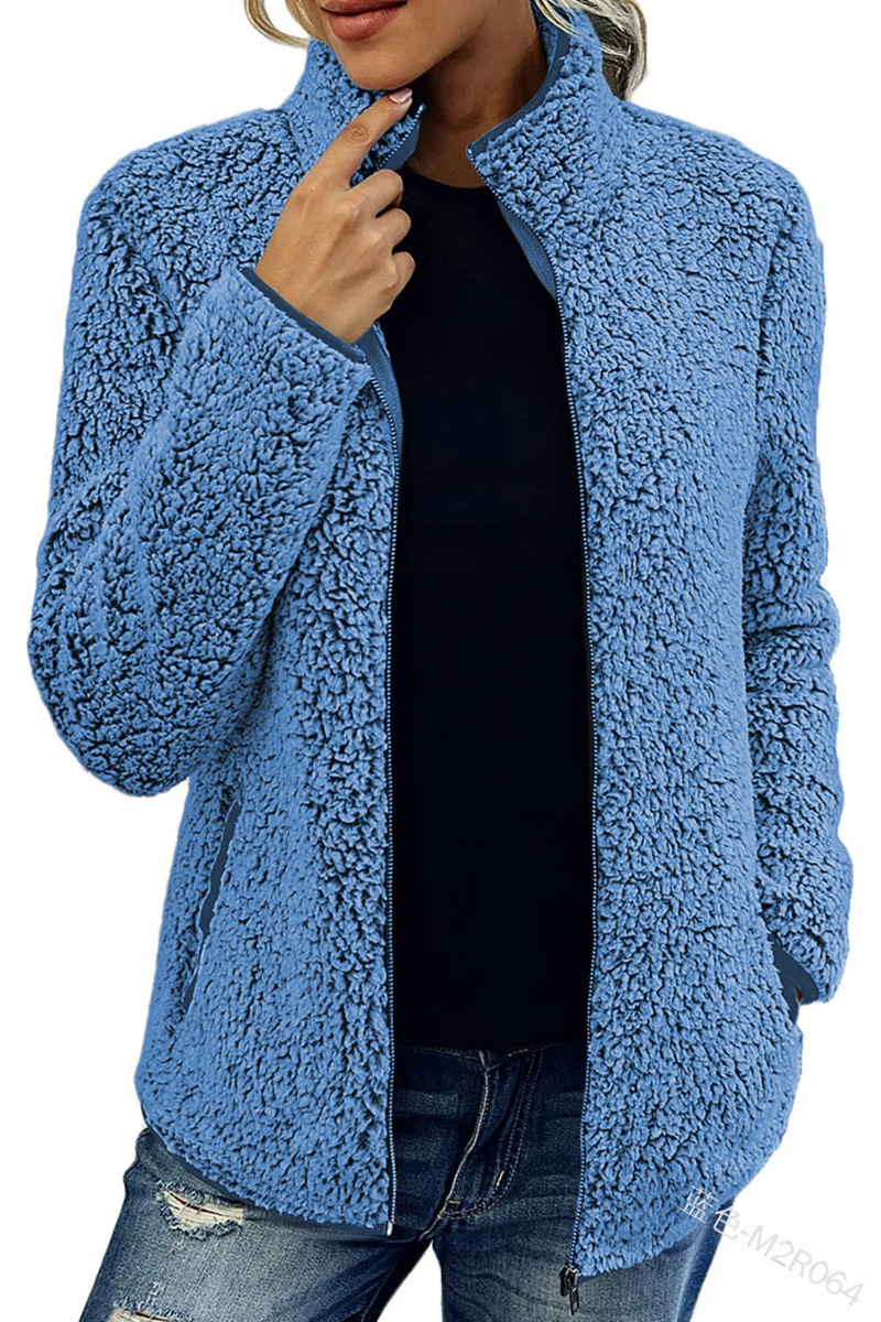 2025 Stand Collar Solid Color Sweatshirt Women's Casual Fashion Long Sleeve Zipper Bubble Fleece Jacket