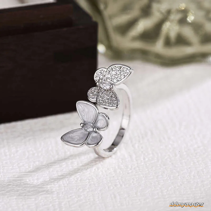 Open Adjustable Ring With Double Butterfly Design - Mother Of Pearl & Rhinestone Elegant Women's Jewelry Ddmymaster