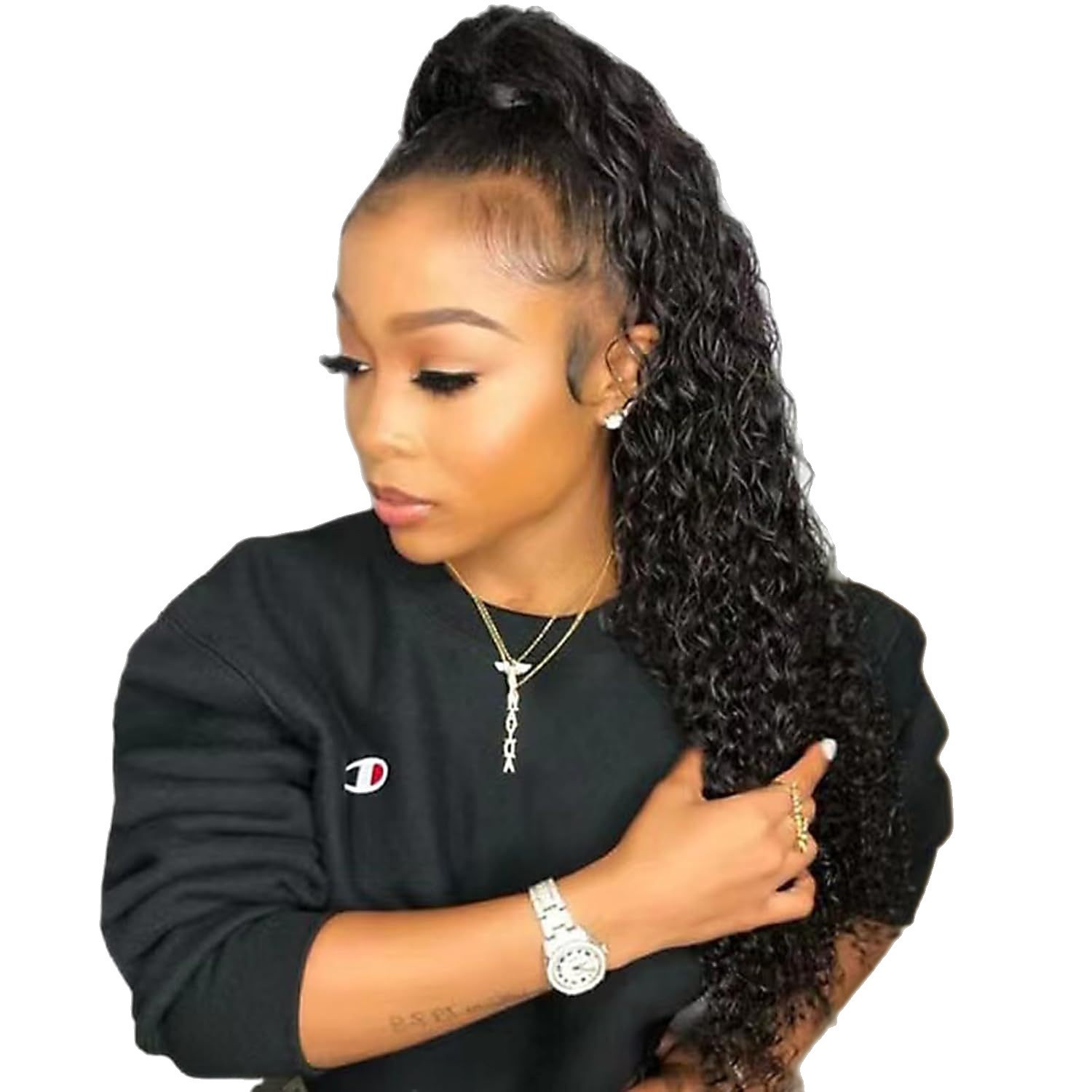 Human Hair Ponytail Water Wave Magic Paste Wavy Natural Curly Ponytail 100% Real Remy Hair Natural Black Pony Tails Hair For Black Women