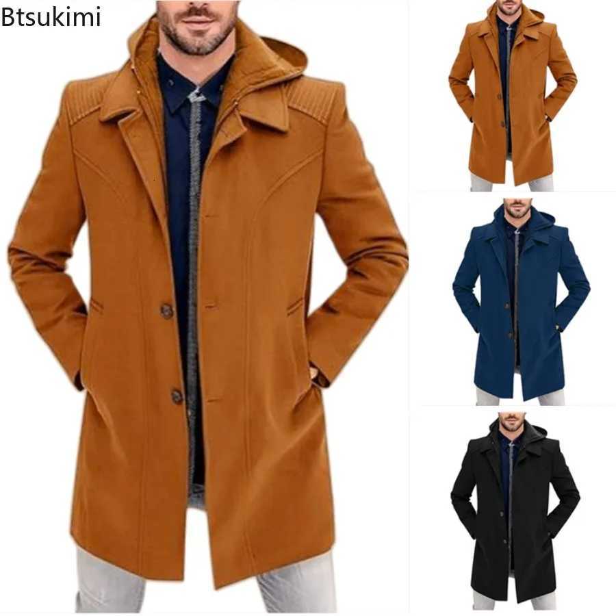 New 2025 Mens Autumn Winter Warm Woolen Jackets Fake Two Pieces Hooded Trench Coats Single Breasted Windbreaker Jackets MaleT251025
