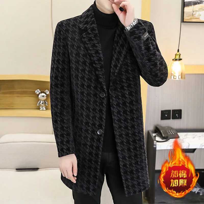 2022 Winter Long Wool Blends Jacket Men Fashion Plaid Casual Business Trench Coat Thicken Warm Slim Social Overcoat Men ClothingT251025