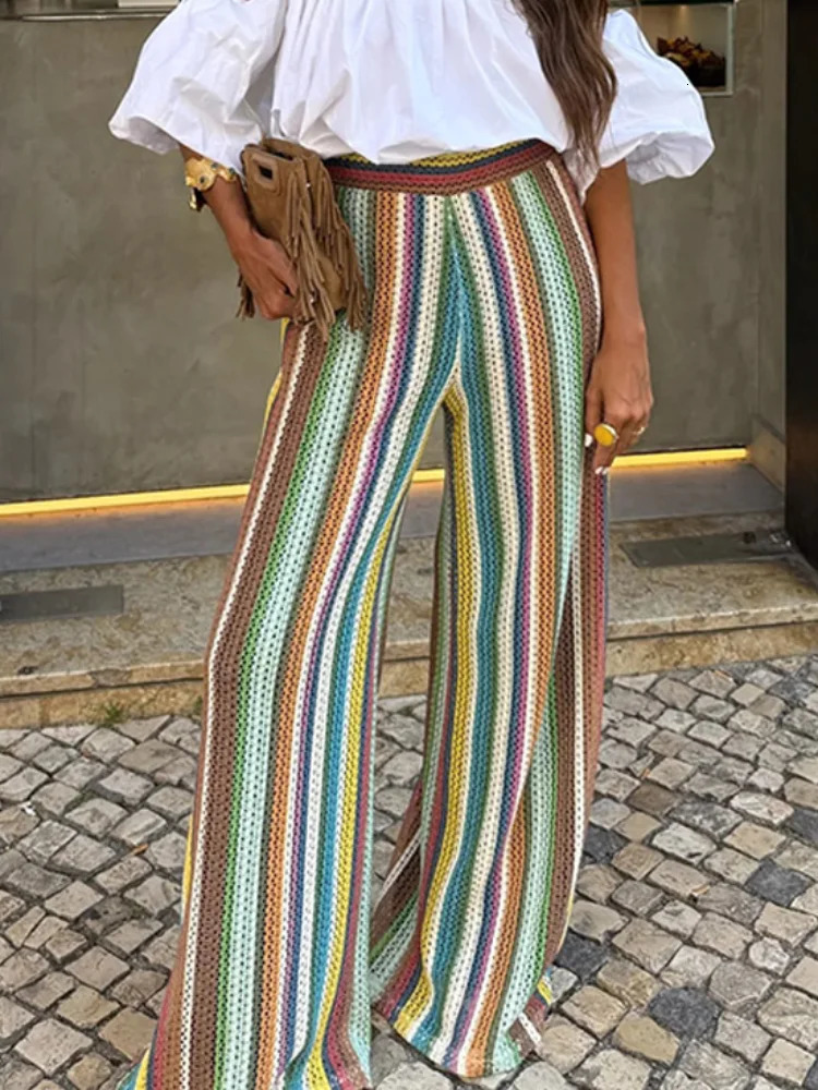 Rainbow Color Knitted Striped Pants Women Wide Leg Hollow Out Striped Loose Fashion Vacation Trousers Autumn Street Pants 251024
