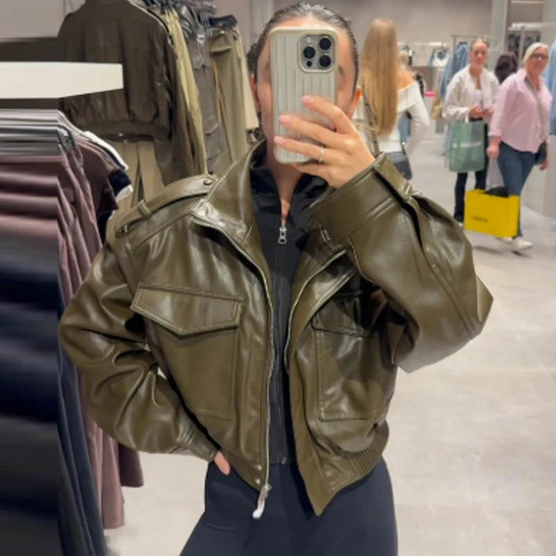 HXAO Green Pu Leather Jacket Woman Autumn Fashion Bomber Cropped ZipUp Long Sleeve Coats Chic Turtleneck Pocket Outerwears 251023
