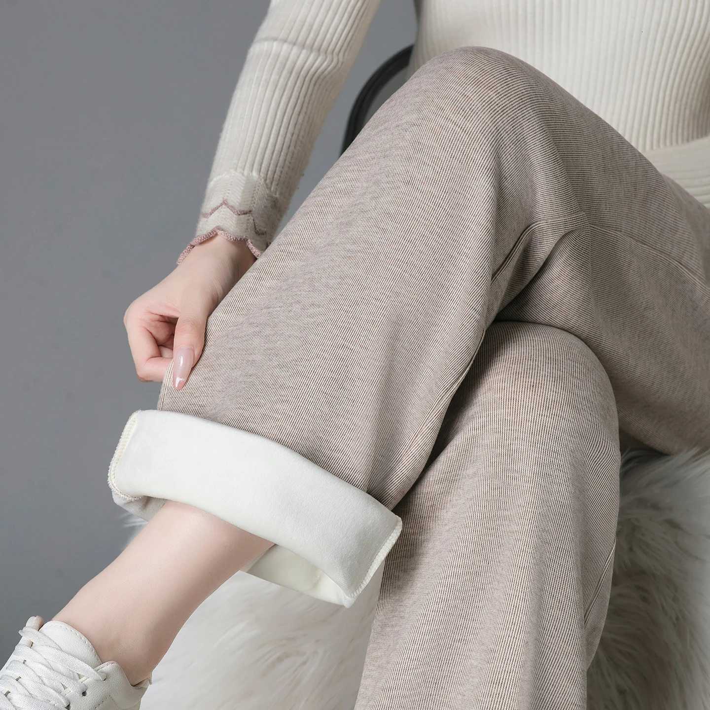 New Autumn Winter Fashionable Versatile Plus Plush Thick Warm Straight Leg Pants WomenS Casual High Waisted Wide Leg TrousersT251025