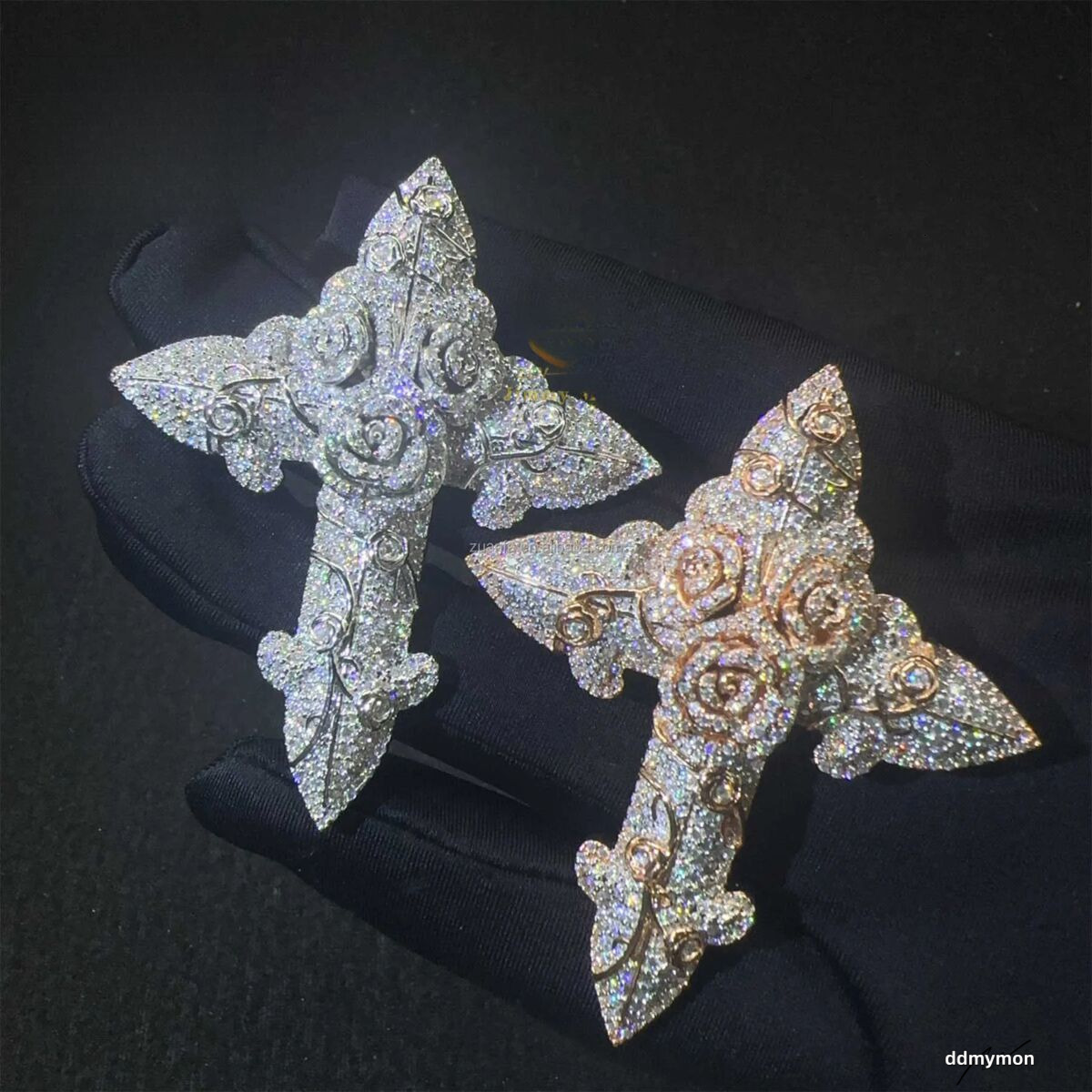 In Stock Fashion Man Jewelry Gold Color Hip Hop S Vvs1 Moissanite Dia Rose Flower Cross Pendant Necklace Set Ddmymon