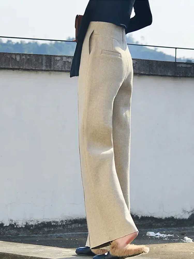 Autumn Winter Warm Woolen Wide Leg Pants Korean Fashion Womens Pantalones Casual High Waist Baggy Thicken Straight SweatpantsT251025