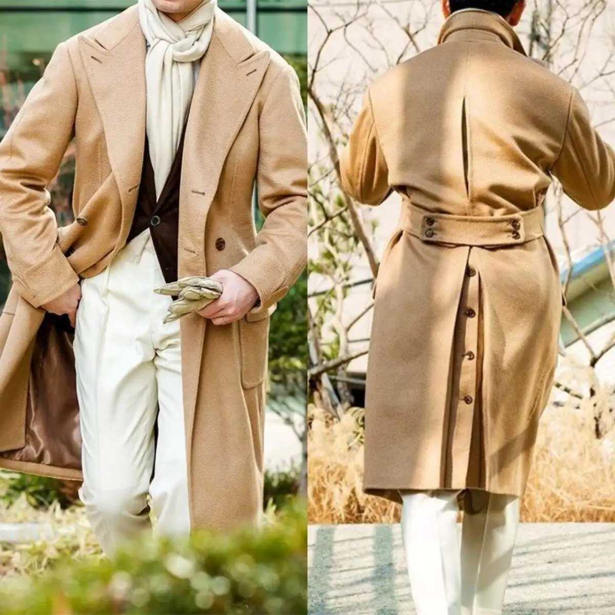 Men Long Coat Overcoat Solid Color Double Breasted Peaked Lapel Warm Woolen Pockets Business Causal Daily TailoredT251025