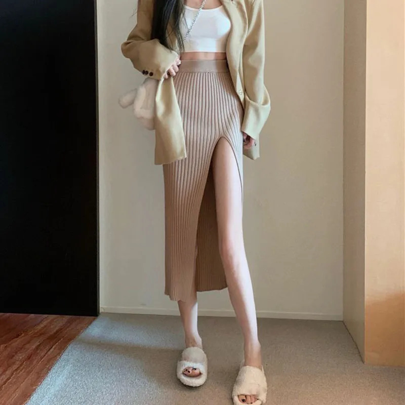 Sexy Split Bodycon Long Skirt Women Elegant Slim Fit HighWaisted Knitted Skirts Woman Autumn Winter Package Hip Midi Skirt 251020