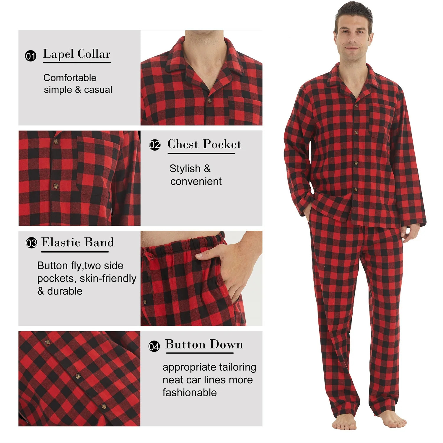 Mens Flannel Pajamas Set Plaid Cotton ButtonDown Sleepwear Warm Soft Lounge Pjs for Comfortable Nightwear 251021