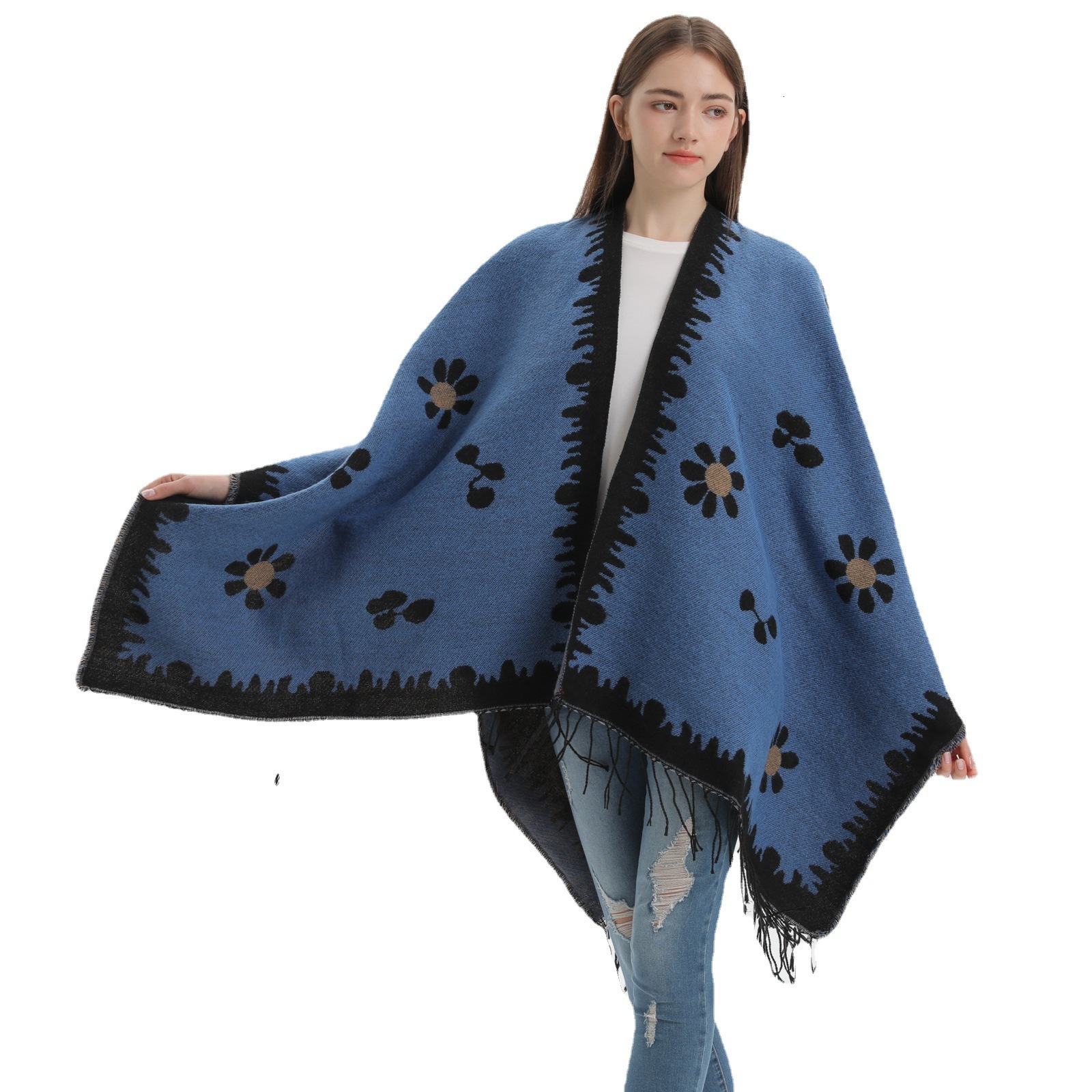 Korean Style Fashion Autumn Winter Shawl New Fresh Floral Knitted Cardigan with Tassels and Slit Warm Outer Cape