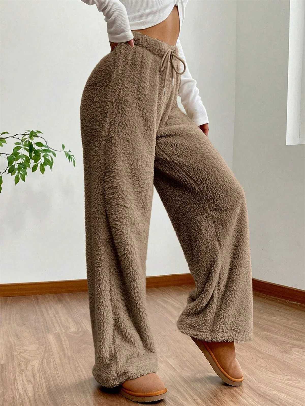 Women Drawstring Autumn Winter Pant Fashion High Wasit Plush Warm Pants Casual Straight Outfit Trousers Lady Streetwear VintageT251025