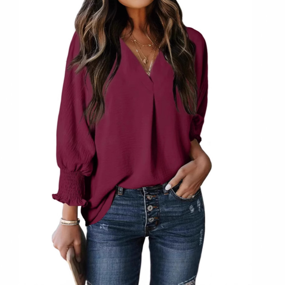 2025 Autumn Winter New Women's V-neck Casual Long Sleeve Loose Shirt Top Blouse T-shirt