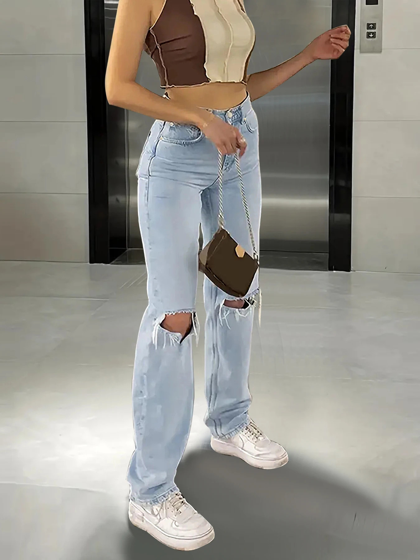 Womens kneepiercing jeans loose comfortable and casual fully matching straight microelastic jeans 251023