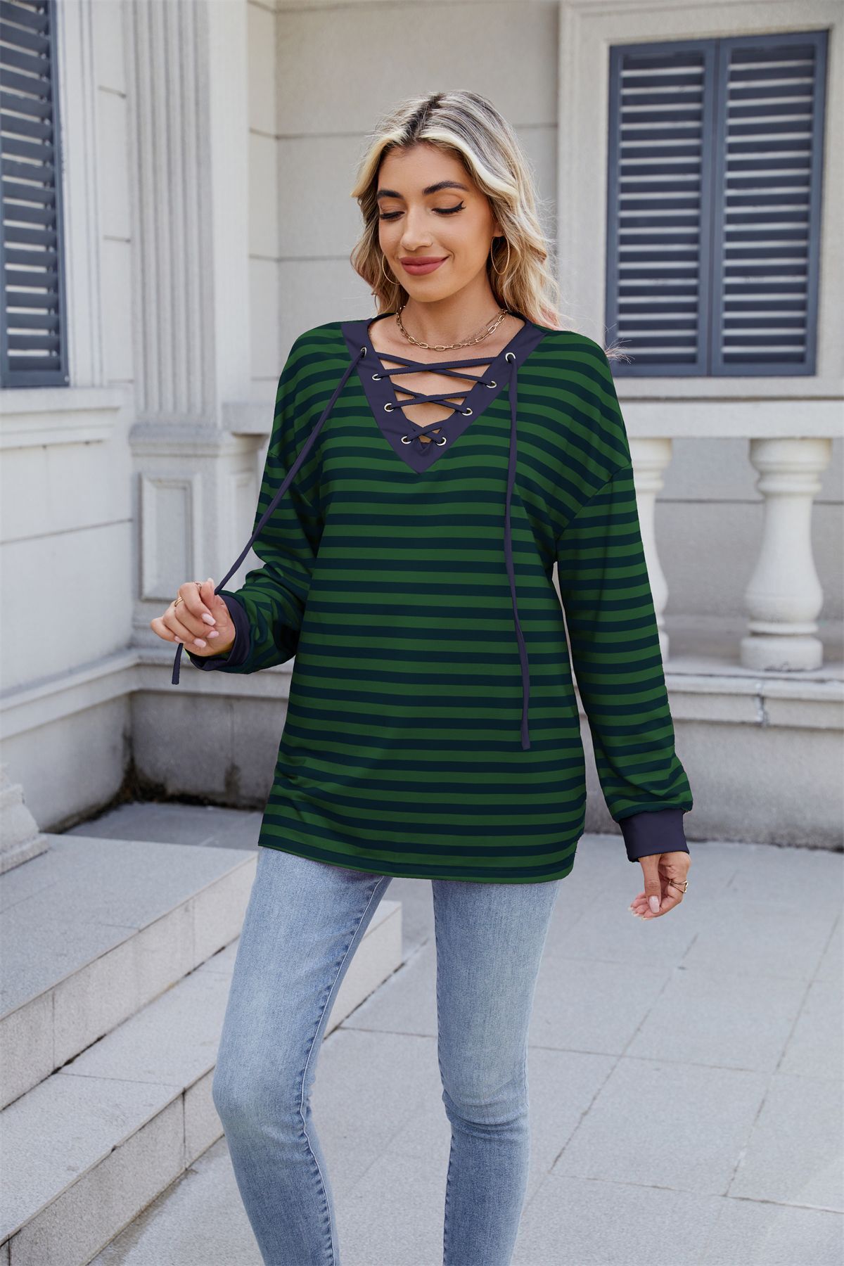 2025 Autumn Winter New Fashion Striped Top Womens Loose Tie Sweatshirt