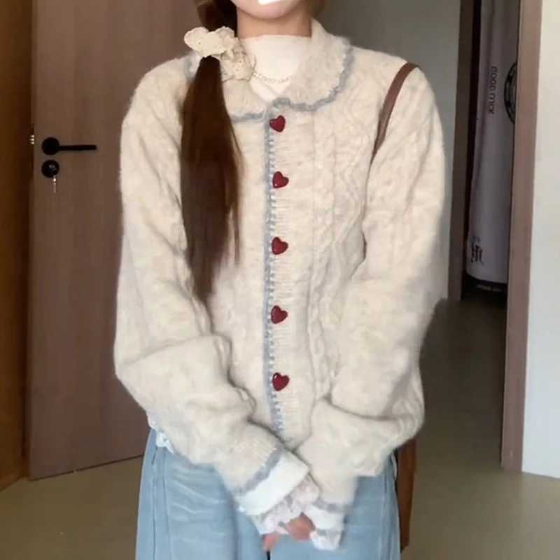 Sweet Peter Pan Collar Knitted Cardigan Autumn Winter Loose Retro Sweater Jackets New Heartshaped Button Lapel Casual KnitwearT251101