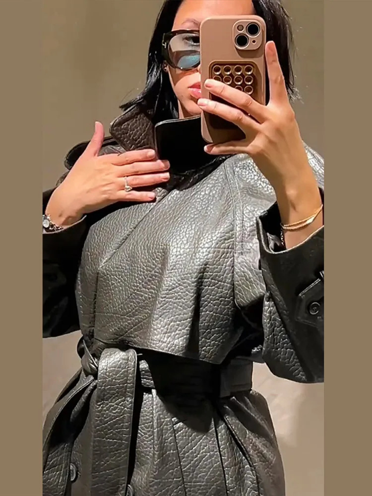 Double Breasted Lace up Long Leather Coat Woman Long Sleeves Loose Solid Color Casual Jackets Street Womens Early Autumn Coats 251020