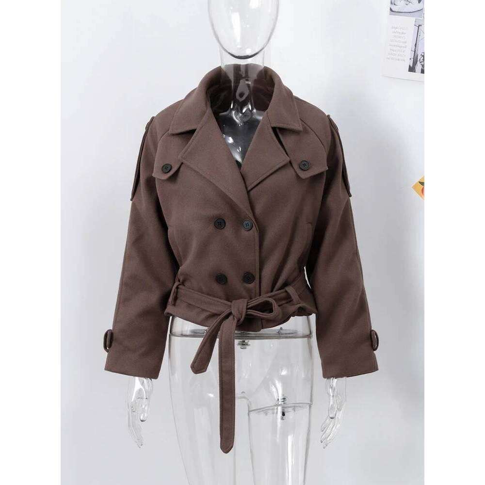 Solid Short Trench Coats For Women Lace Up Double Breasted Full Sleeves Jackets Autumn Winter Fashion High Streetwears Lady