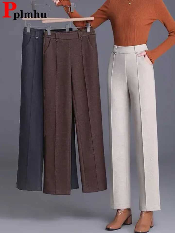 Winter Warm Woolen Wide Leg Pants Korean Fashion High Waist Thick Wool Blend Straight Pantalones Casual Classic Solid Calca NewT251025