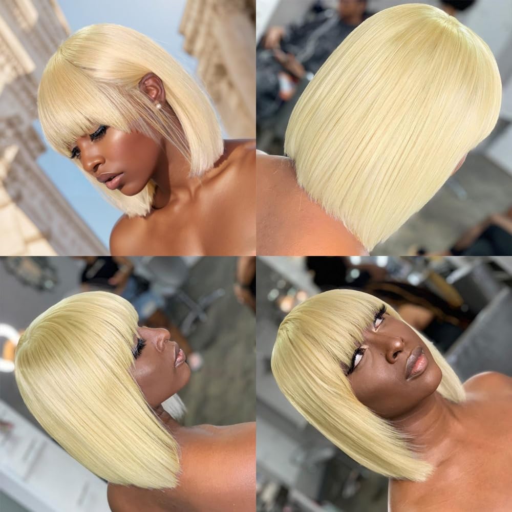 613 Blonde Bob Wig with Bangs Human Hair Silky Straight Glueless 8-16 Inch Short Hair for Women Daily Party Use