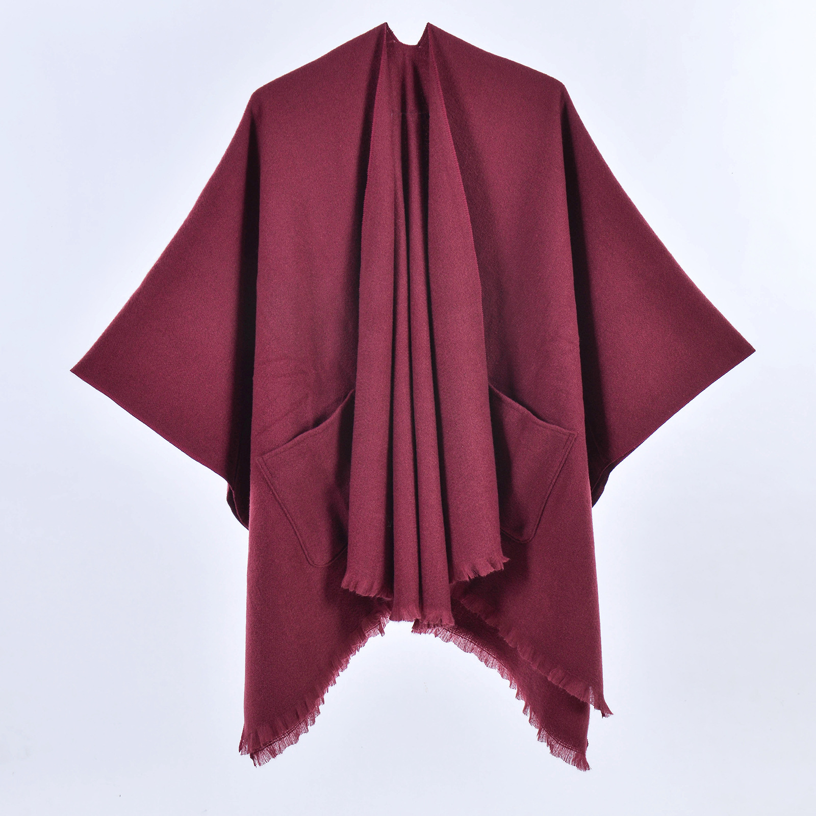 New Solid Color Pocket Shawl for Women Versatile Tassel Split Cape Travel Outerwear Warm Cardigan