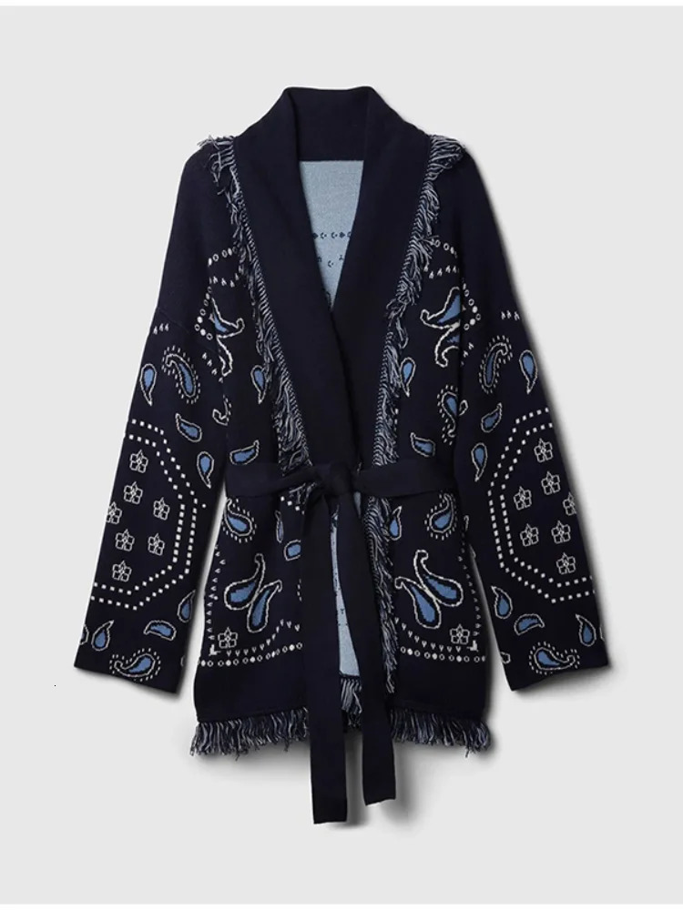 Print Knitted Tassel Short Sweater Women Vneck Full Sleeve Lace Up Cardigan Autumn Elegant Female Daily Casual Outerwear 251021