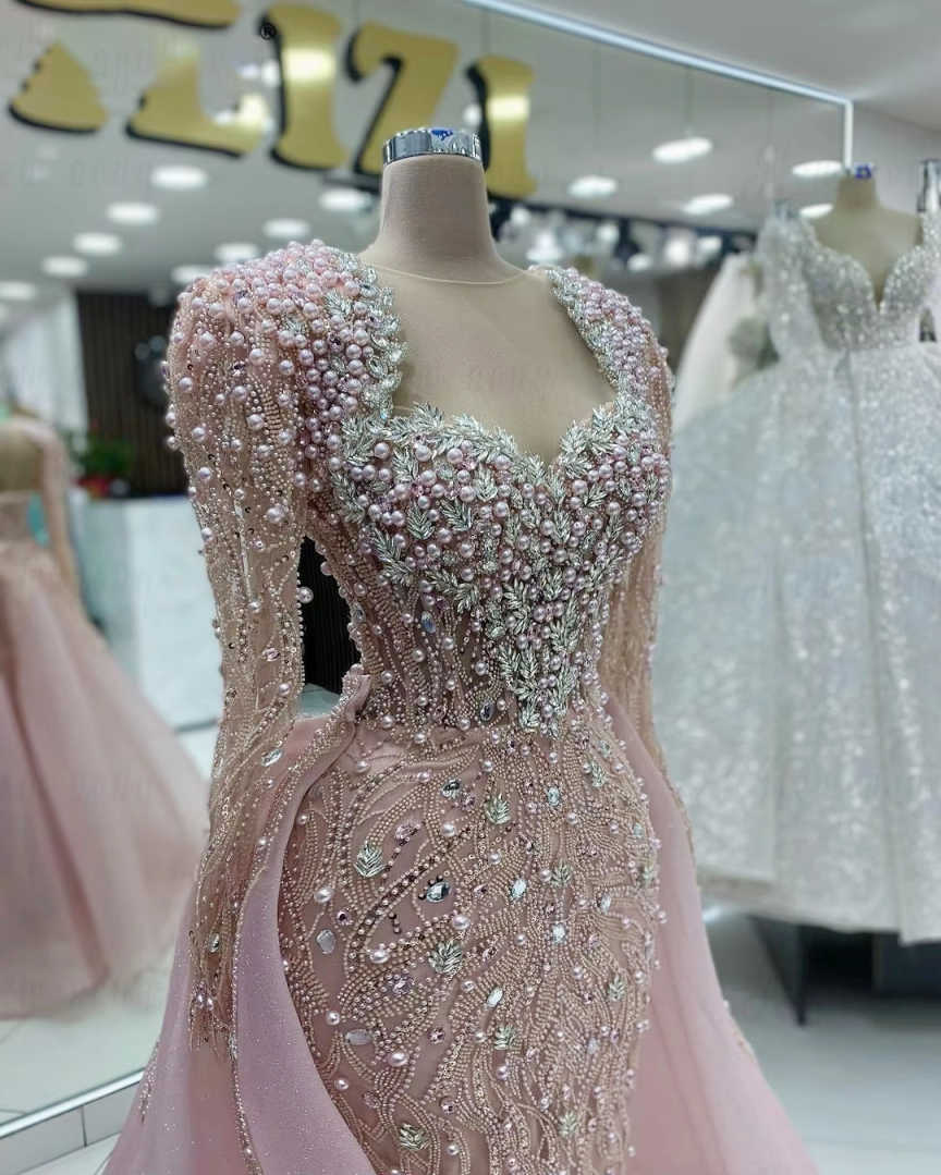 Sparkling Women Evening Dress Long Sleeve Pearls Rhinestone Wedding Dinner Party Bride Gowns Formal Prom Dress Customized