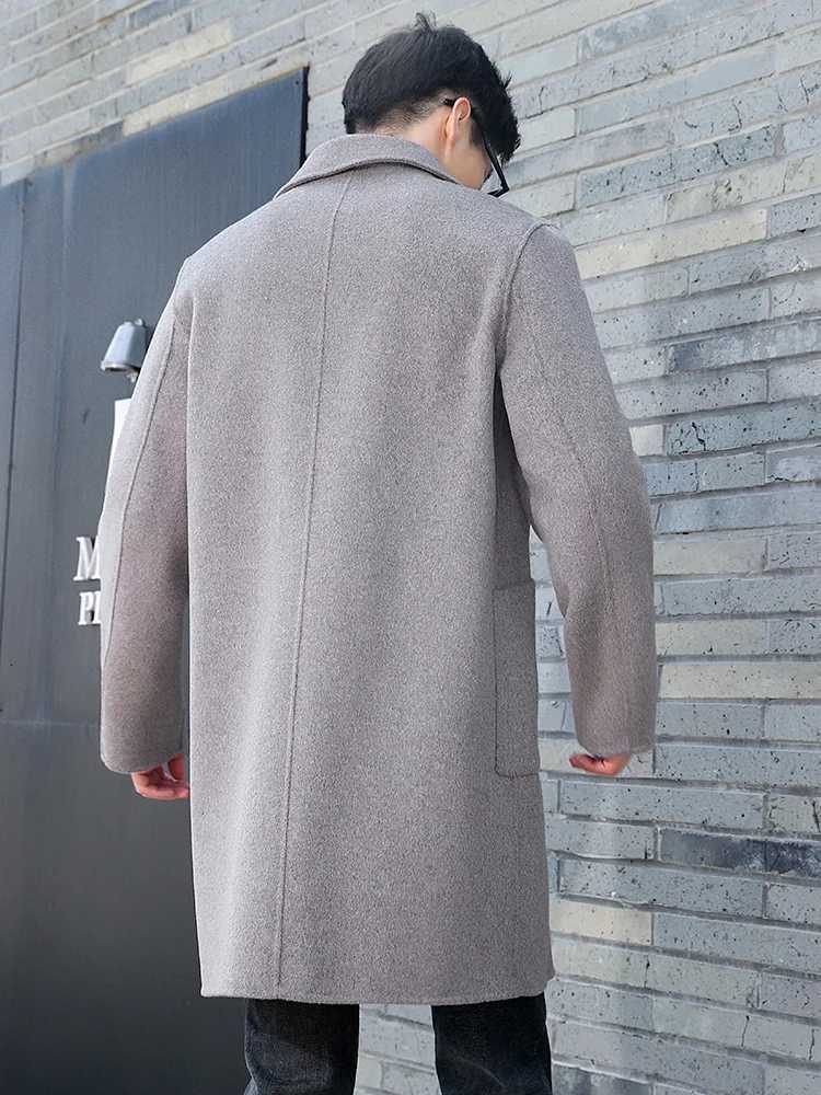 100 Merino Wool DoubleSided Coat Mens Suit Collar DoubleBreasted Coat Handmade Long HighStreet Business Top With PocketT251025