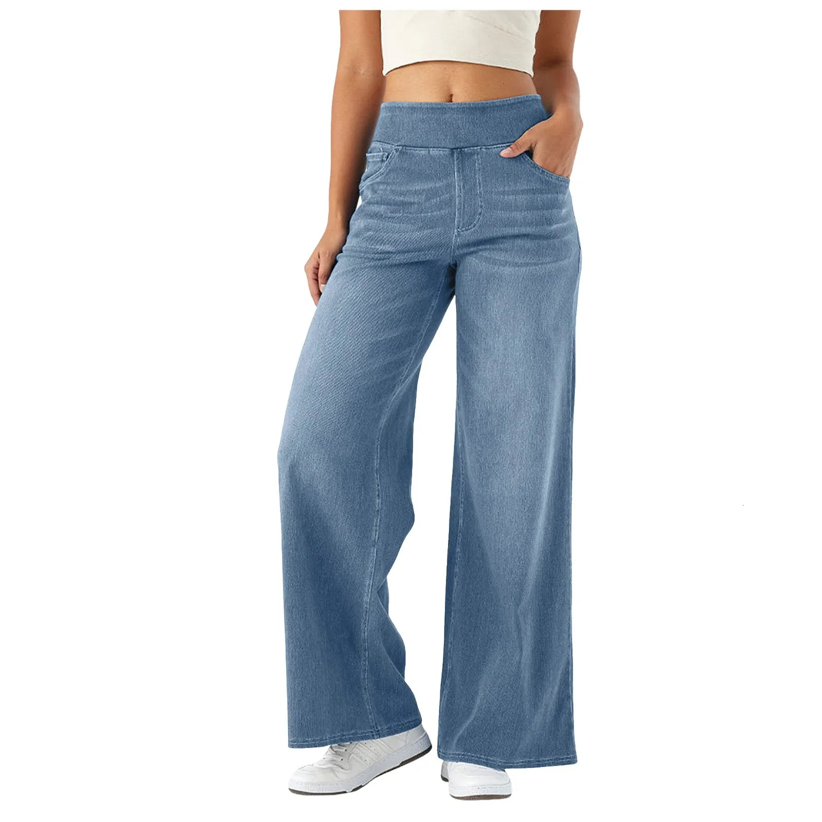 Baggy Ladies Wide Leg Trousers With Elastic Waistband High Waist Stretch Vertical Tube Trousers Stylish Womens Casual Pants 251023
