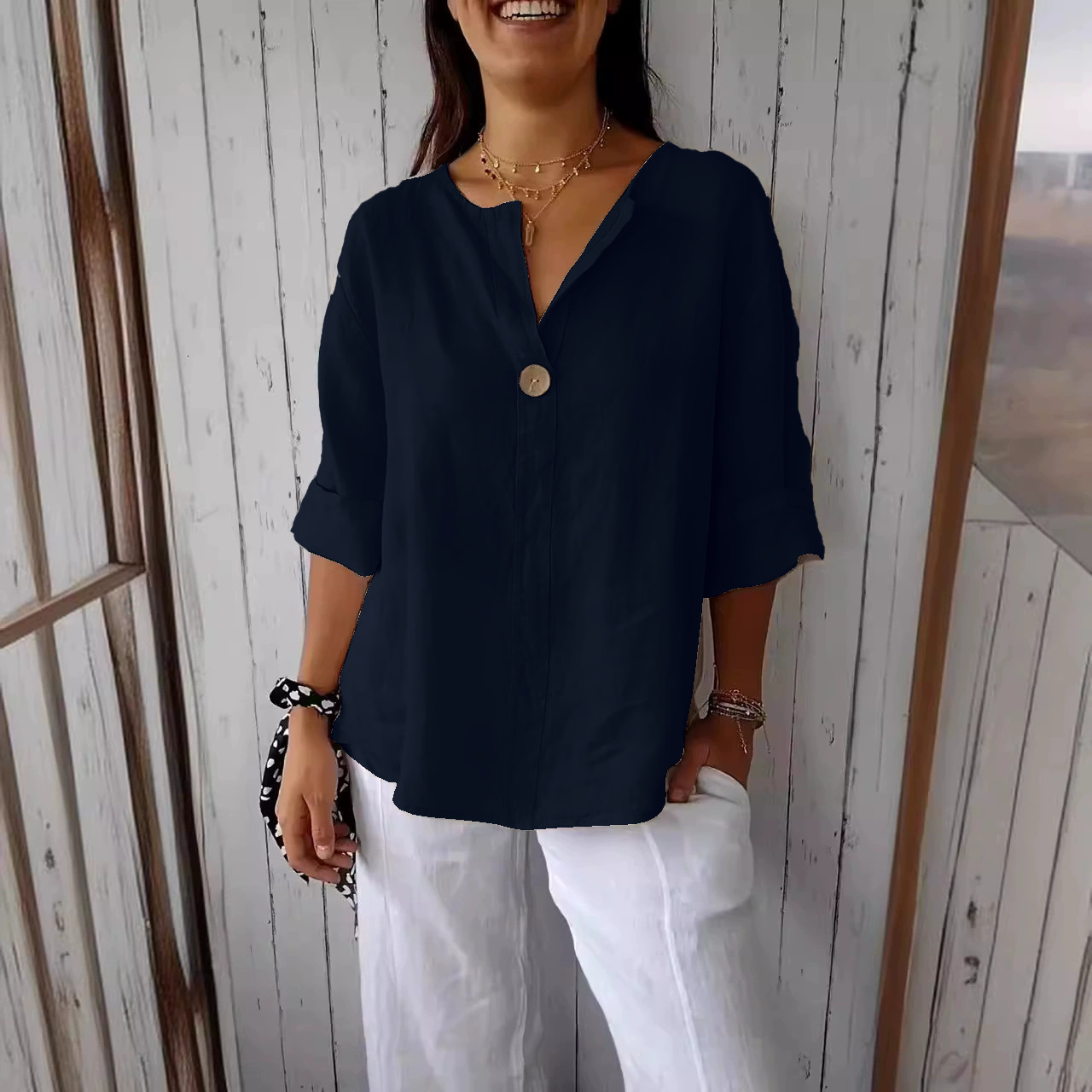 2025 Autumn Winter New Casual Button Round Neck Loose TShirt Womens Fashion
