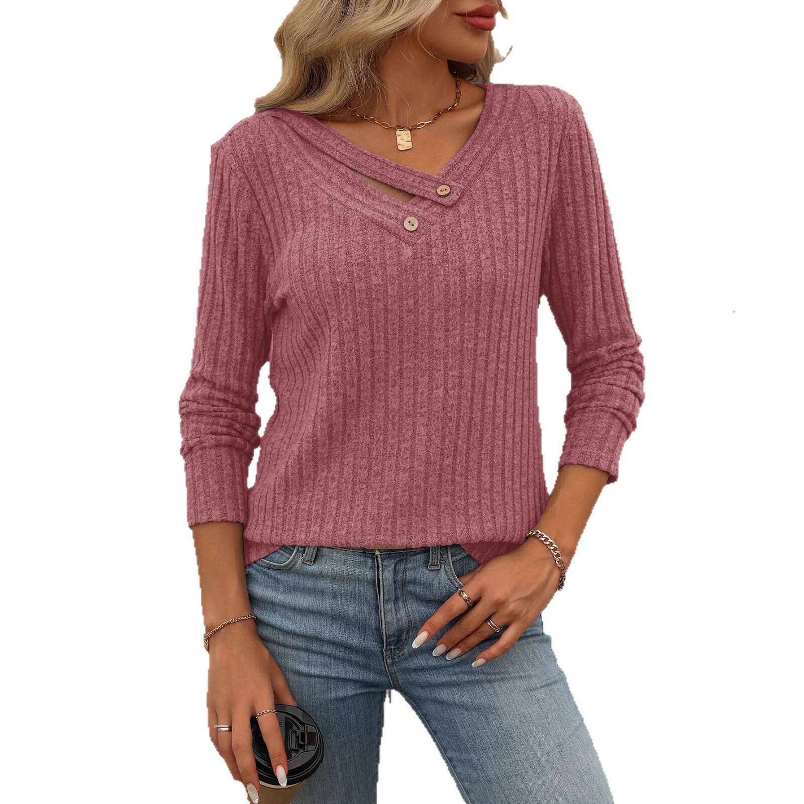 2025 New Womens Clothing Independent Knitted Top Long Sleeve Button Solid Color Vneck Women