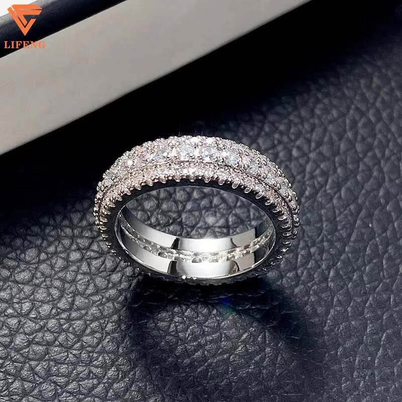 Hip Hop Iced 925 Silver Dazzling Sparkly Eternity Band Ring for Men 3 Rows VVS Moissanite GRA Rapper Pass Diamond Tester Ring