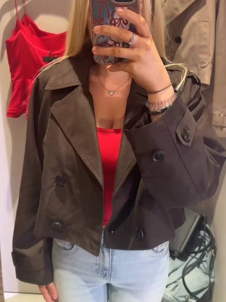 Solid Color Loose Short Coats Woman Double Breasted Lapel Long Sleeves Jacket Casual Fashion Women's Spring Autumn New Jackets dongdumaoyi