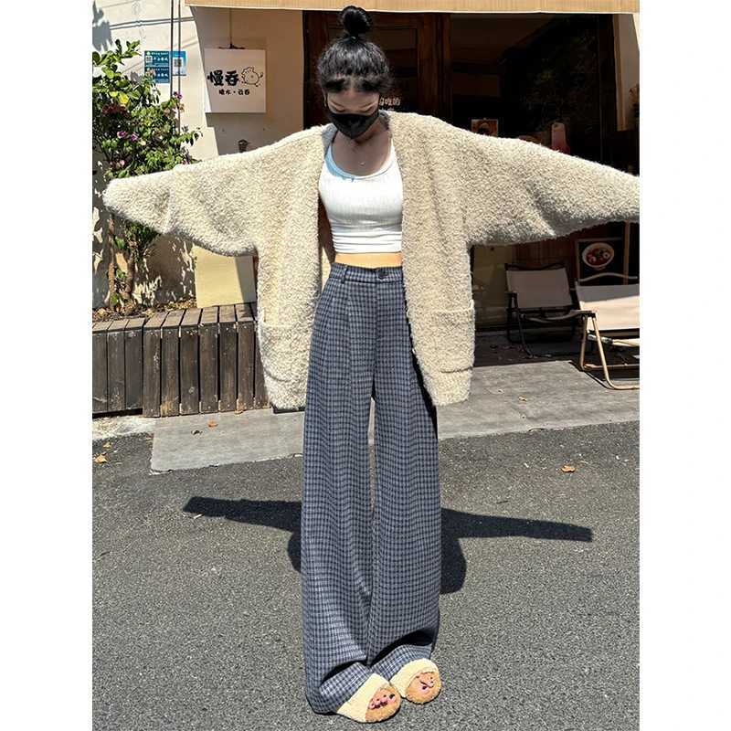 MEXZT Plaid Woolen Pants Women Fashion Streetwear Baggy Wide Leg Pants Winter Ladies Harajuku Korean Casual Straight TrousersT251025