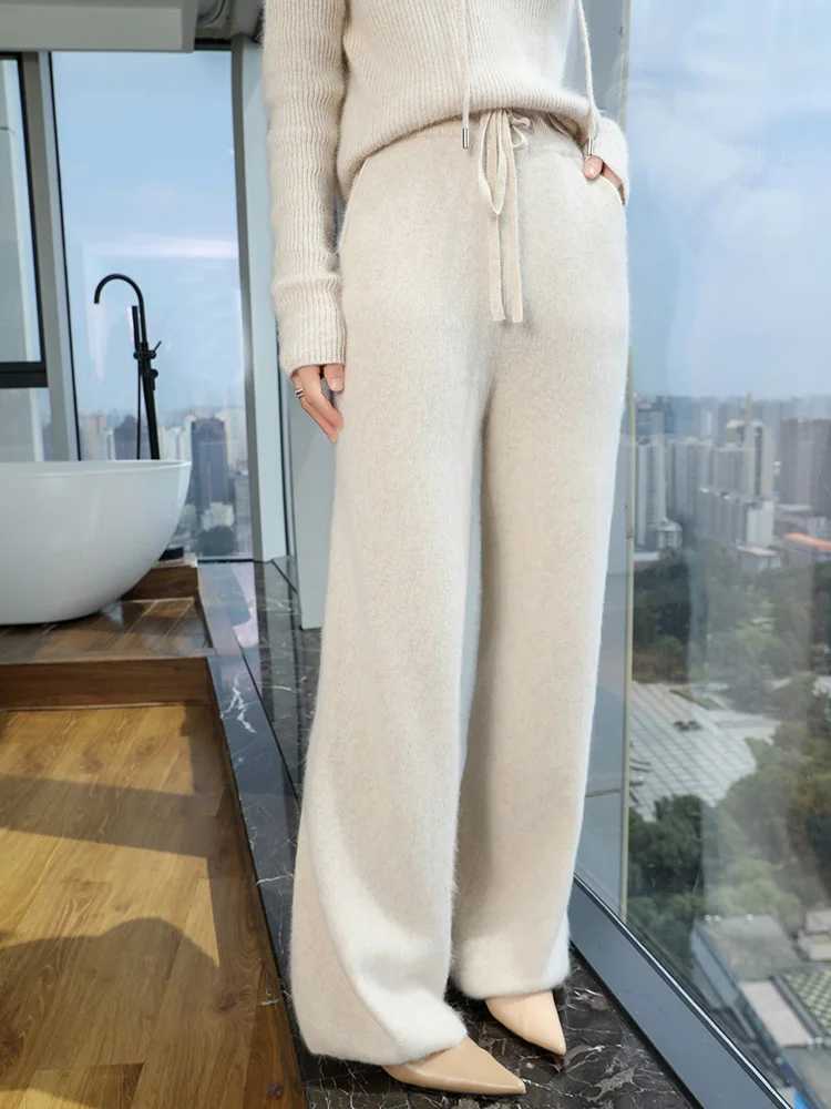 Womens Cashmere Trousers Elastic Waist Wide Leg Pants Autumn Winter 100 Mink Cashmere Knitwear Pockets Casual Drawstring PantsT251025