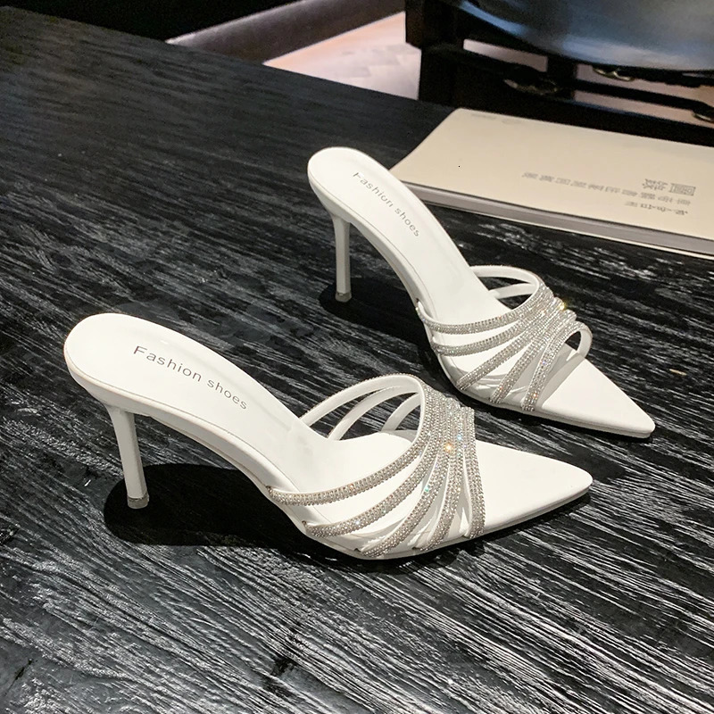 Sexy High Heels Slipper Women Summer Fashion CRYSTAL Narrow Band Pointed Toe Slides Stripper Party Sandal Mule Shoes 251023