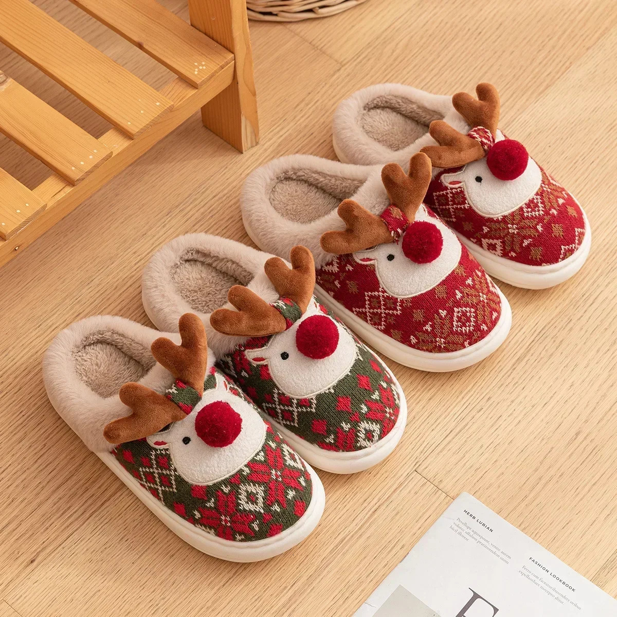 Winter Christmas Cotton Slippers for Woman Cute Cartoon Deer Antislip Girls Indoor Home Floor Shoes Fashion Party Slides251020